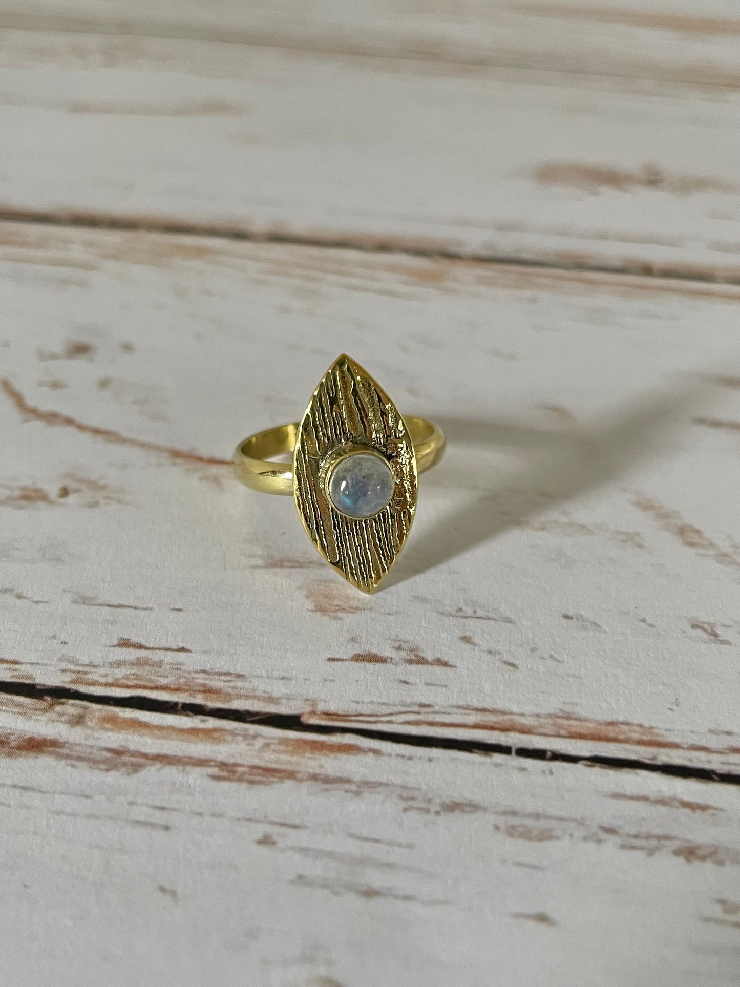 Rainbow Moonstone Brass Ring - Size 6