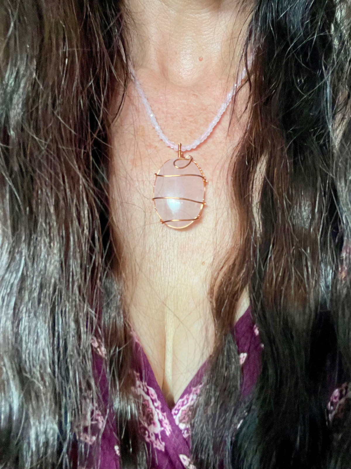 Rose Quartz Copper Wire Wrapped Necklace