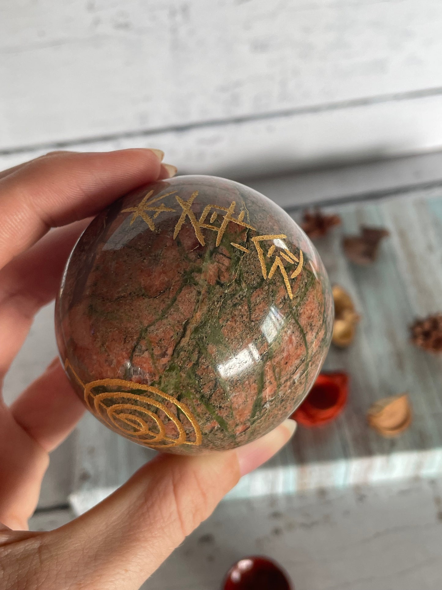 Unakite Reiki Sphere Includes Wooden Holder