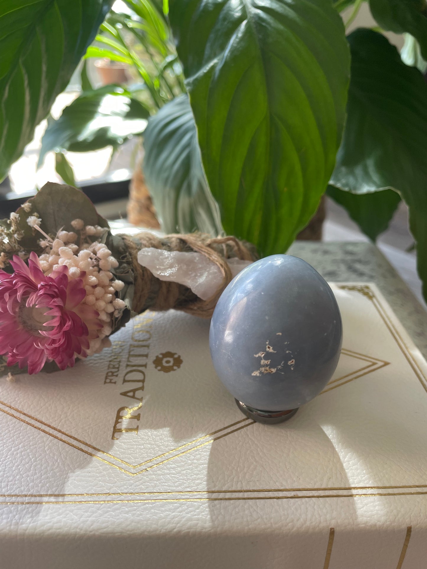 Angelite Egg Includes Hematite Ring