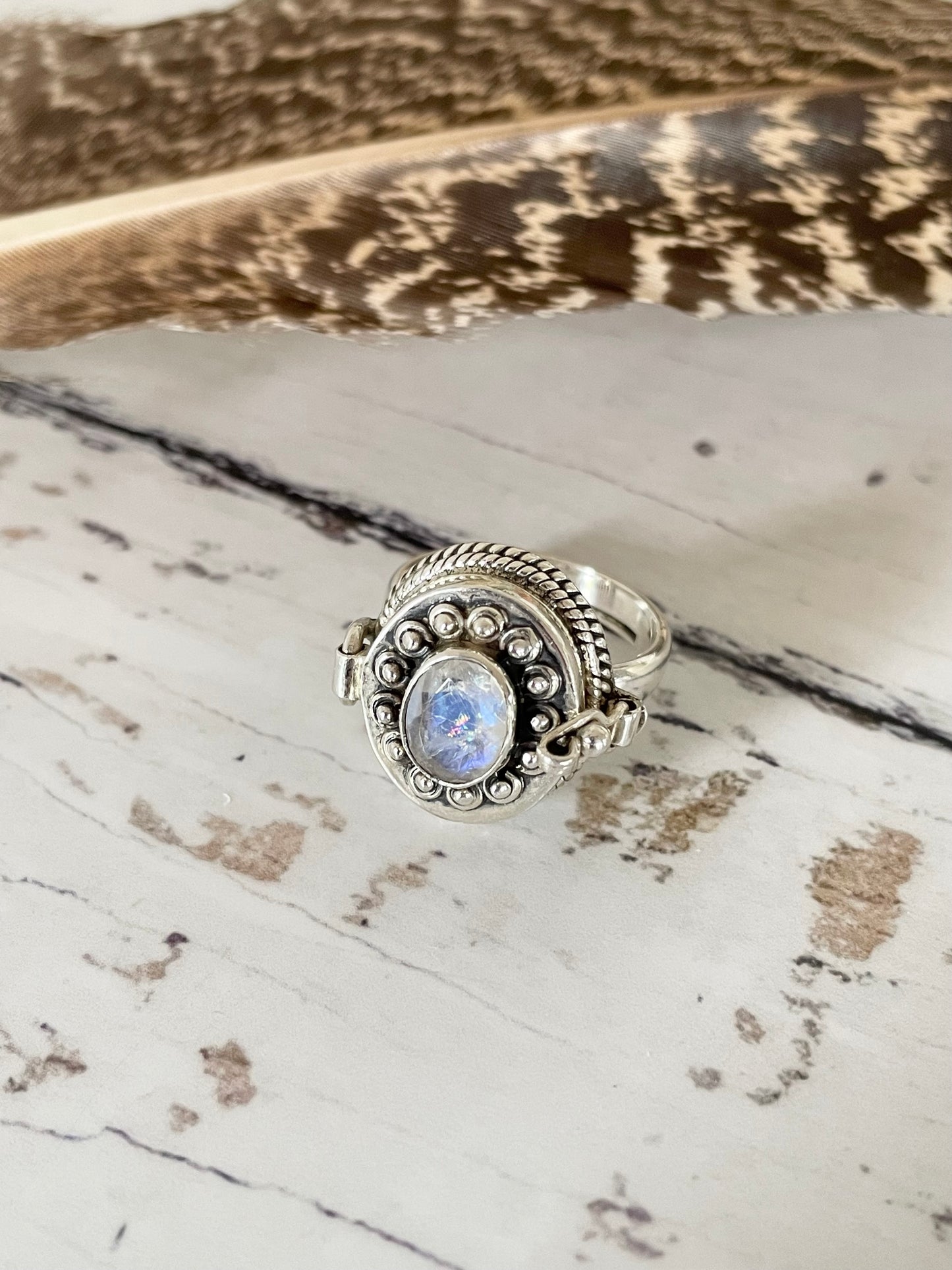 Rainbow Moonstone Poison Locket Ring ~ size 7.5