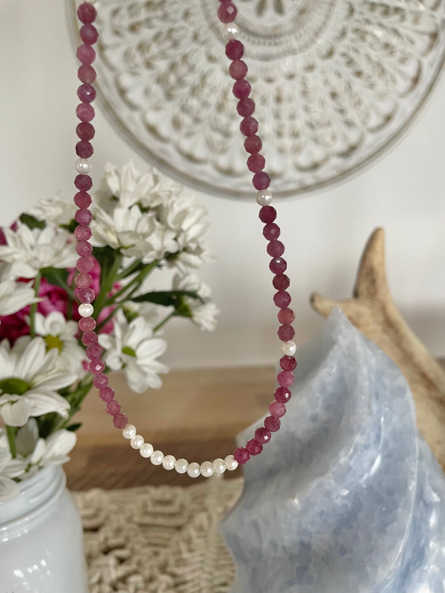 Pink Tourmaline & Pearl Faceted Necklace - Made by Wayne