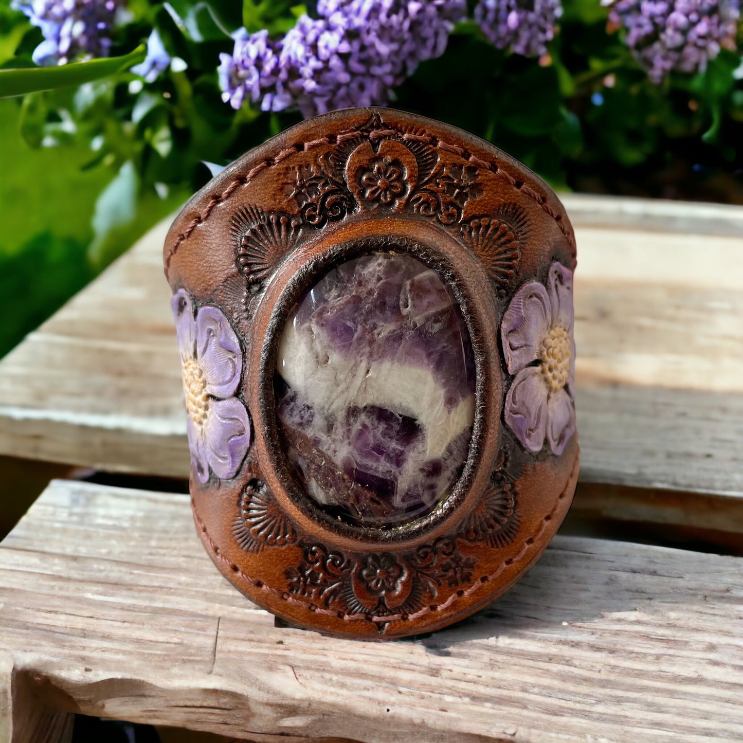 Leather Cuff Desert Bloom ~ Chevron Amethyst