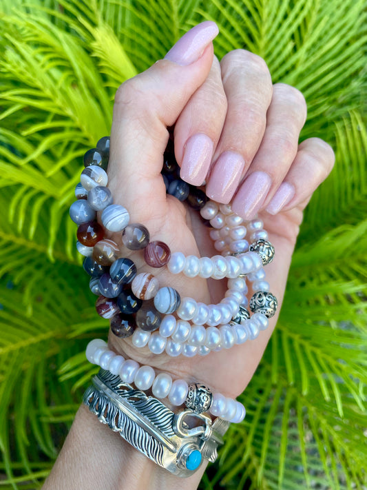Pearl & Botswana Agate gemstone Bracelet