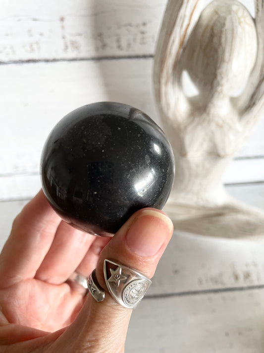 Black Tourmaline Sphere Includes Wooden Holder