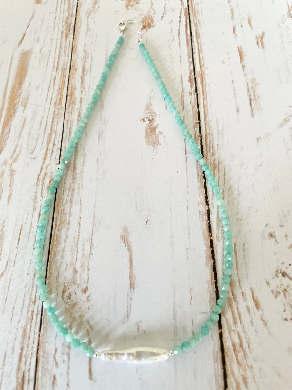 Sterling Silver Faceted Amazonite & Pearl Choker