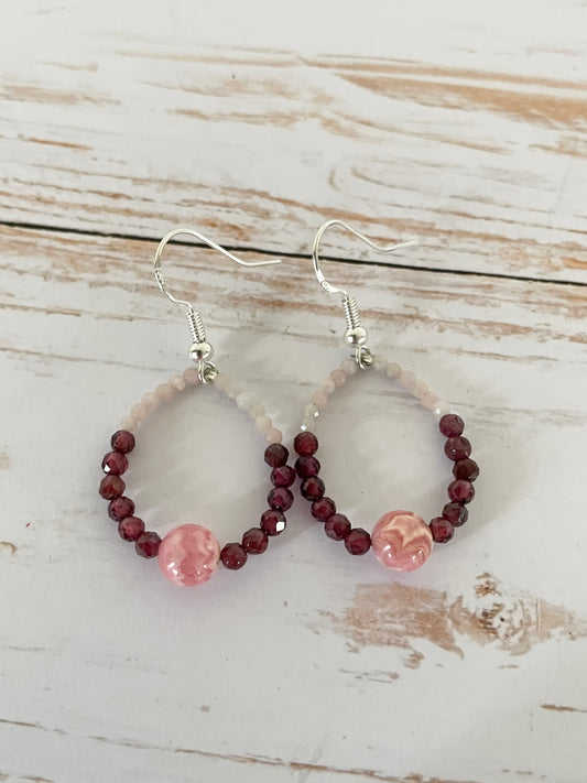 Faceted Pink Opal, Garnet & Rhodonite Earrings - handmade by Wayne