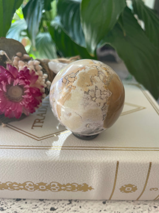 Spotted Agate Sphere Includes Wooden Holder