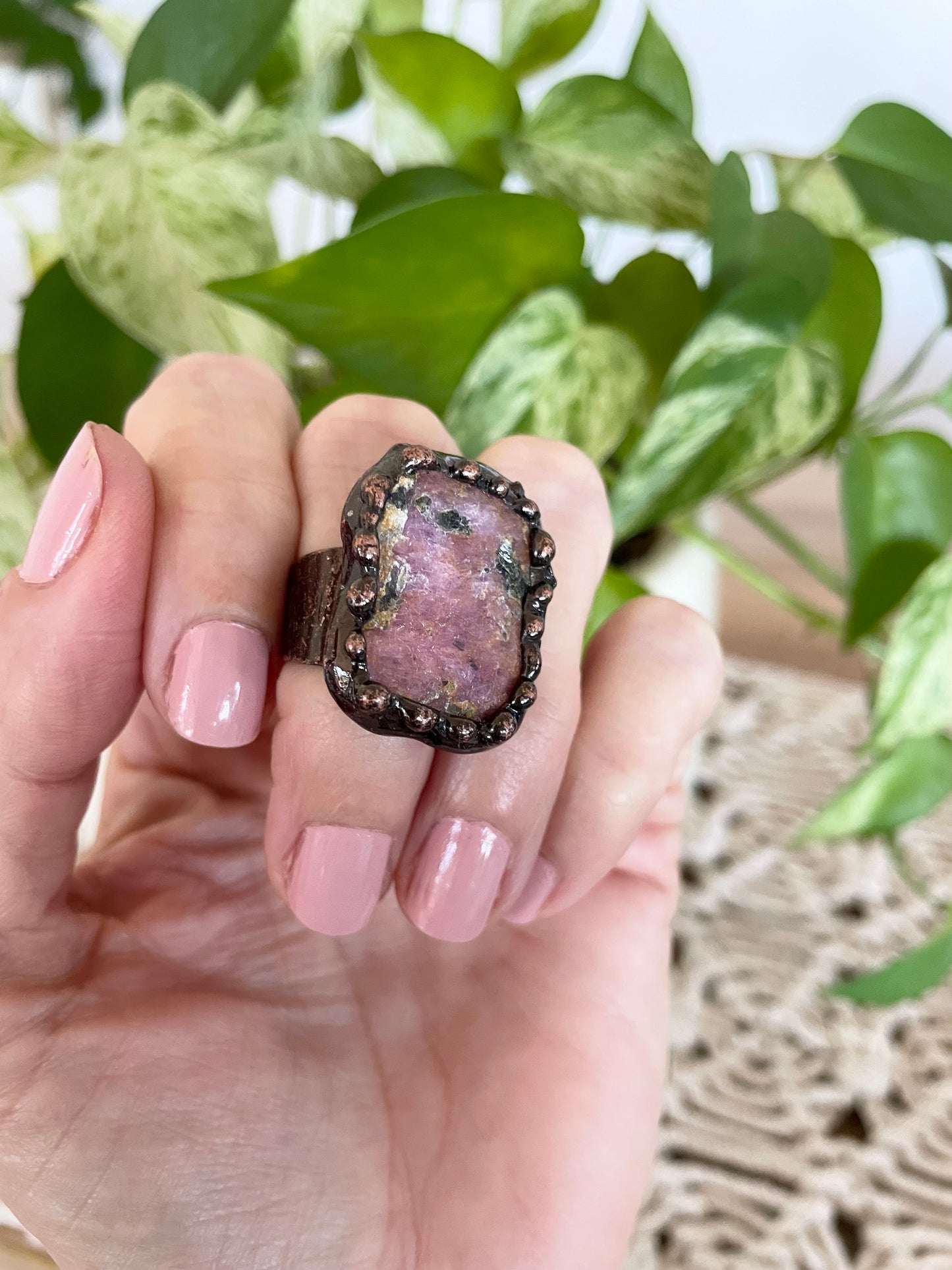 Copper electroplated Ring ~ Rhodonite Ring