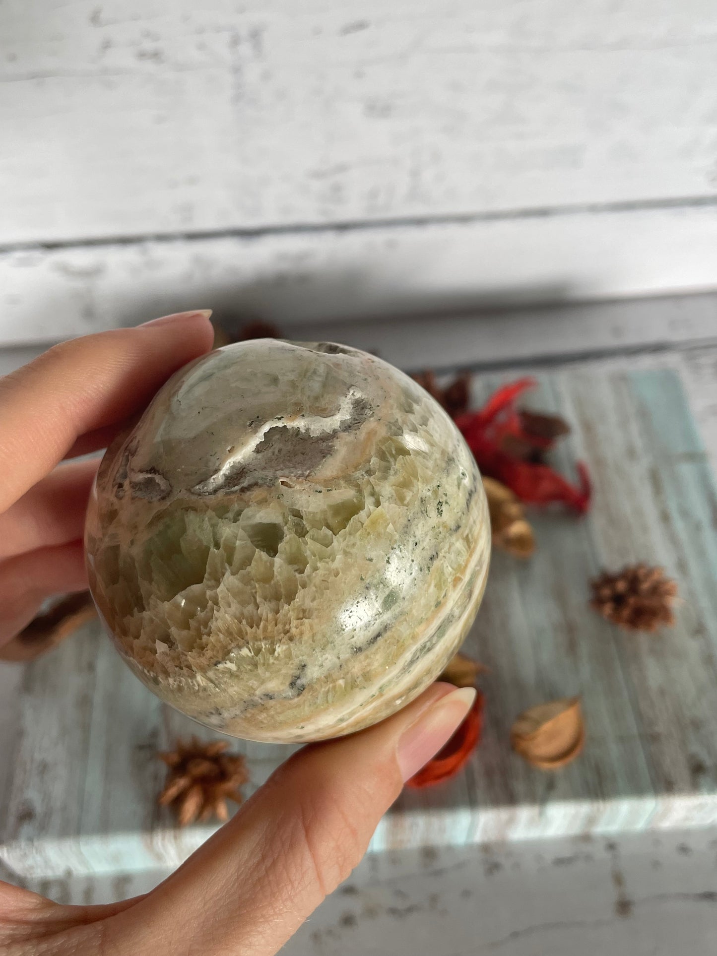 Green Caribbean Calcite Sphere Includes Wooden Holder