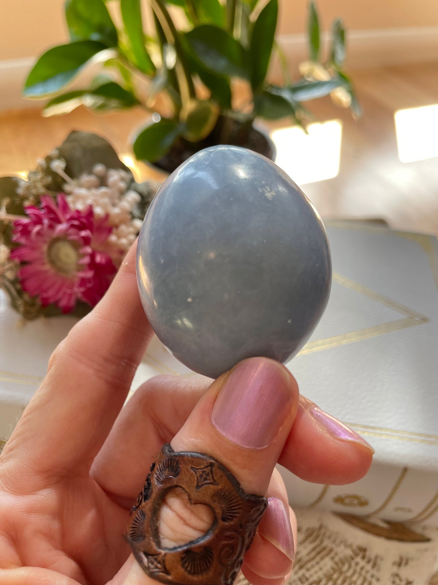 Angelite Egg Includes Hematite Ring