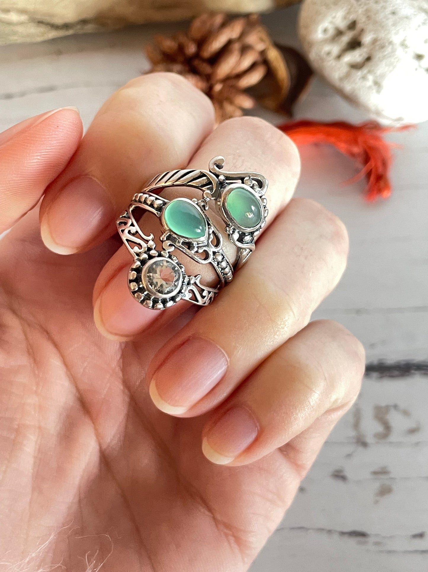 Green Chalcedony & Topaz Silver Ring