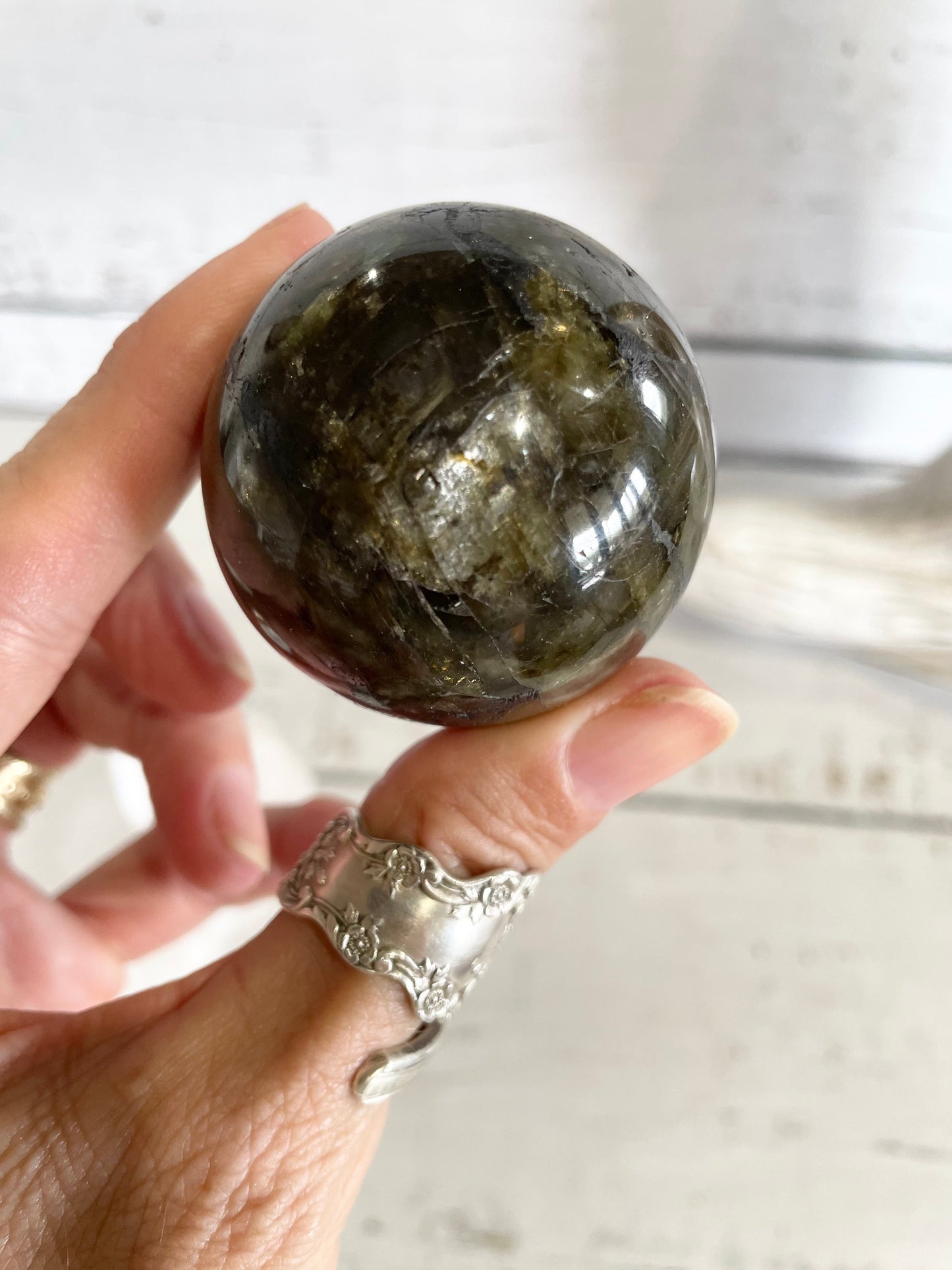 Labradorite Sphere Includes Wooden Holder