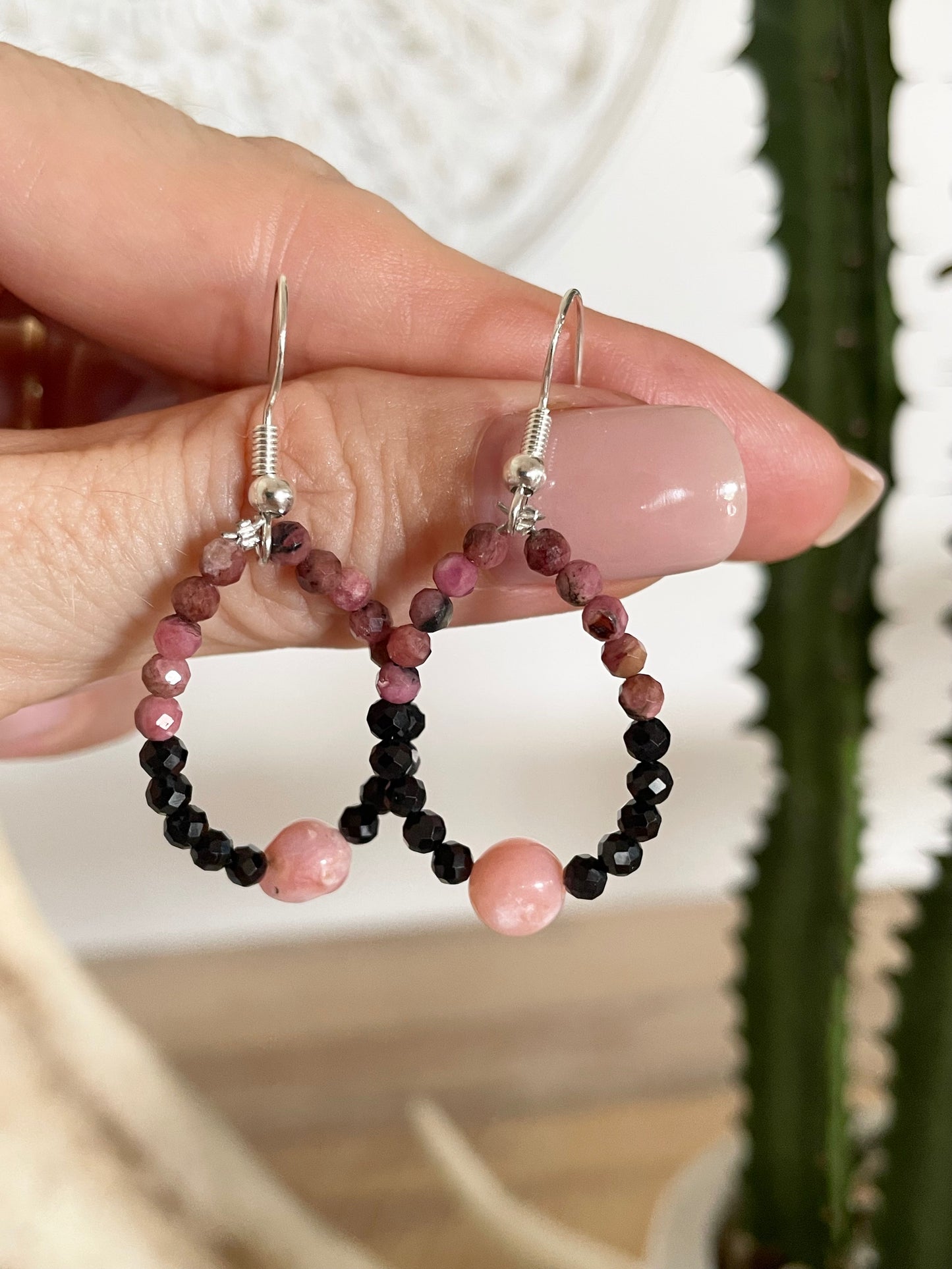 Faceted Pink Opal, Black Spinel & Rhodonite Earrings - handmade by Wayne