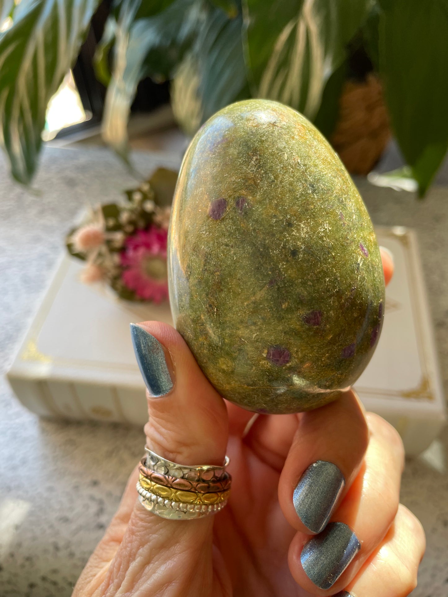 Ruby Fuchsite Egg Includes Hematite Ring