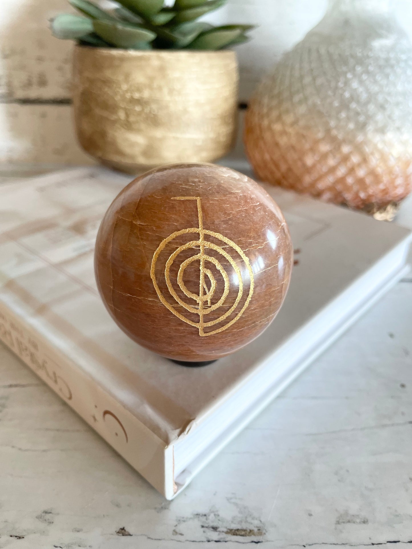 Peach Moonstone Reiki Sphere Includes Holder