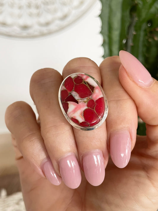 Red Dahlia Copper Turquoise Ring  ~ size 6.5- 10
