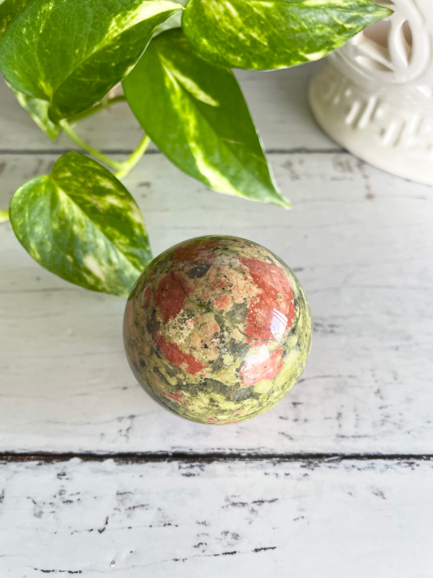 Unakite Sphere Includes Wooden Holder