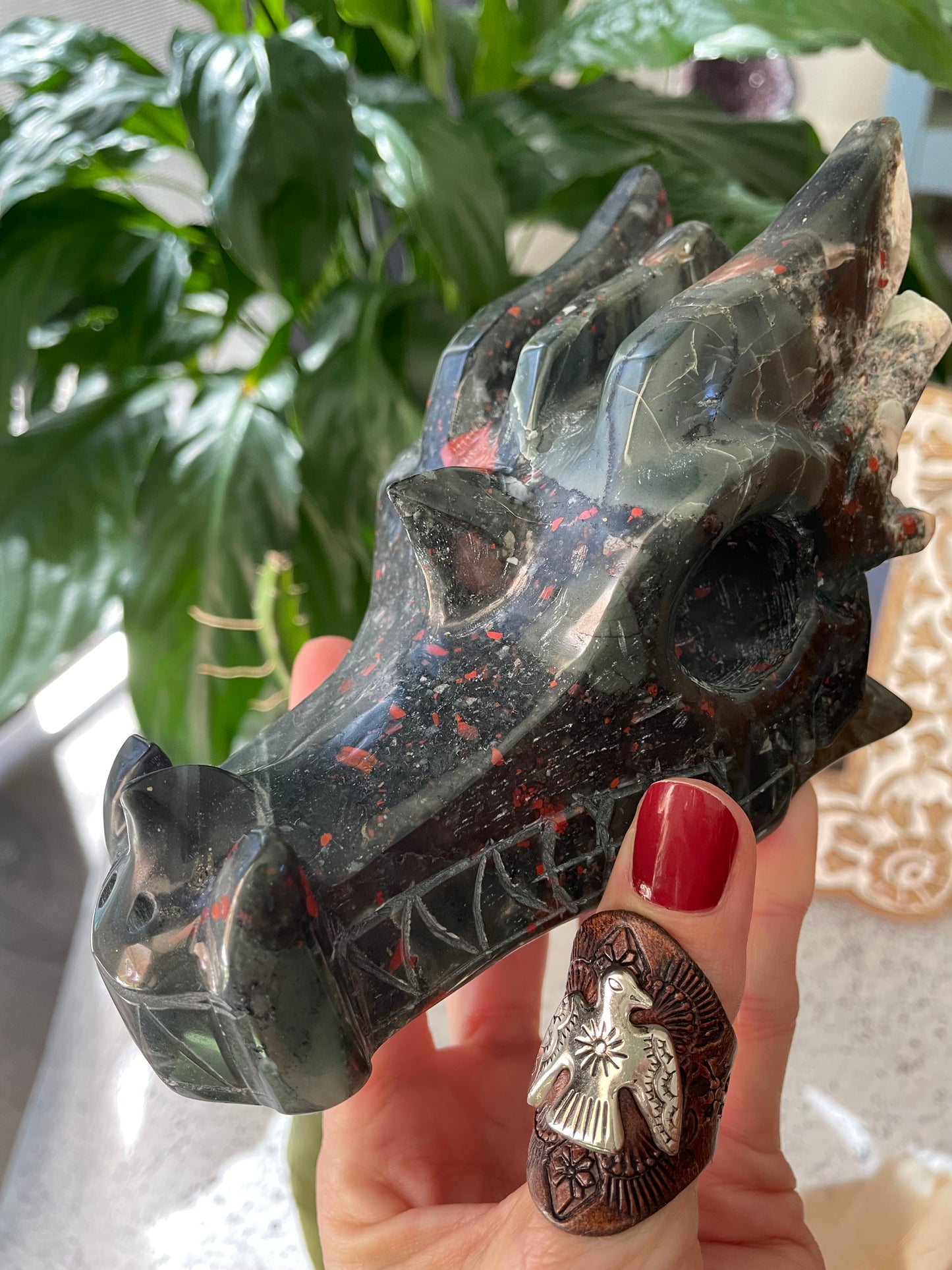 African Bloodstone Dragon Skull