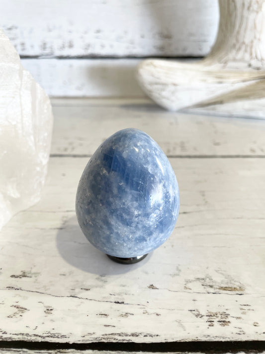 Blue Calcite Egg Includes Hematite Ring