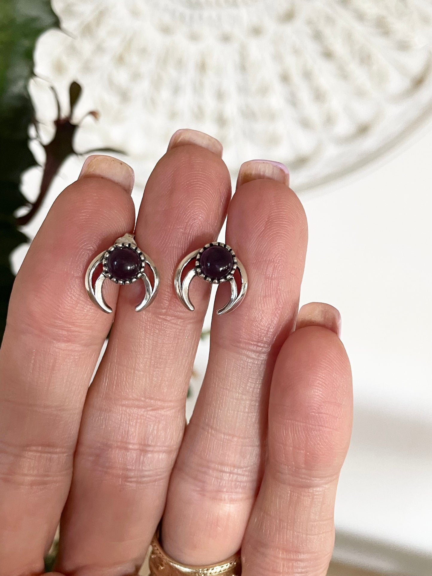 Oxidised Horn/Moon Amethyst Studs