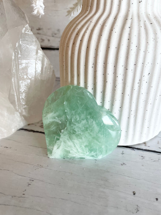 Green snowflake fluorite heart
