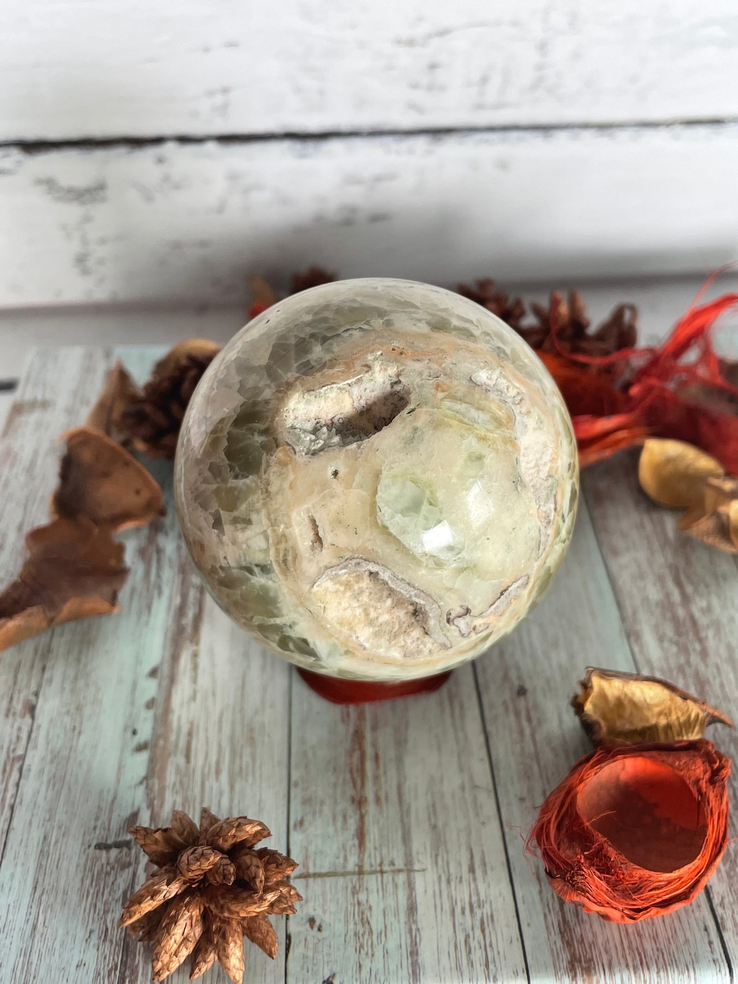 Green Caribbean Calcite Sphere Includes Wooden Holder