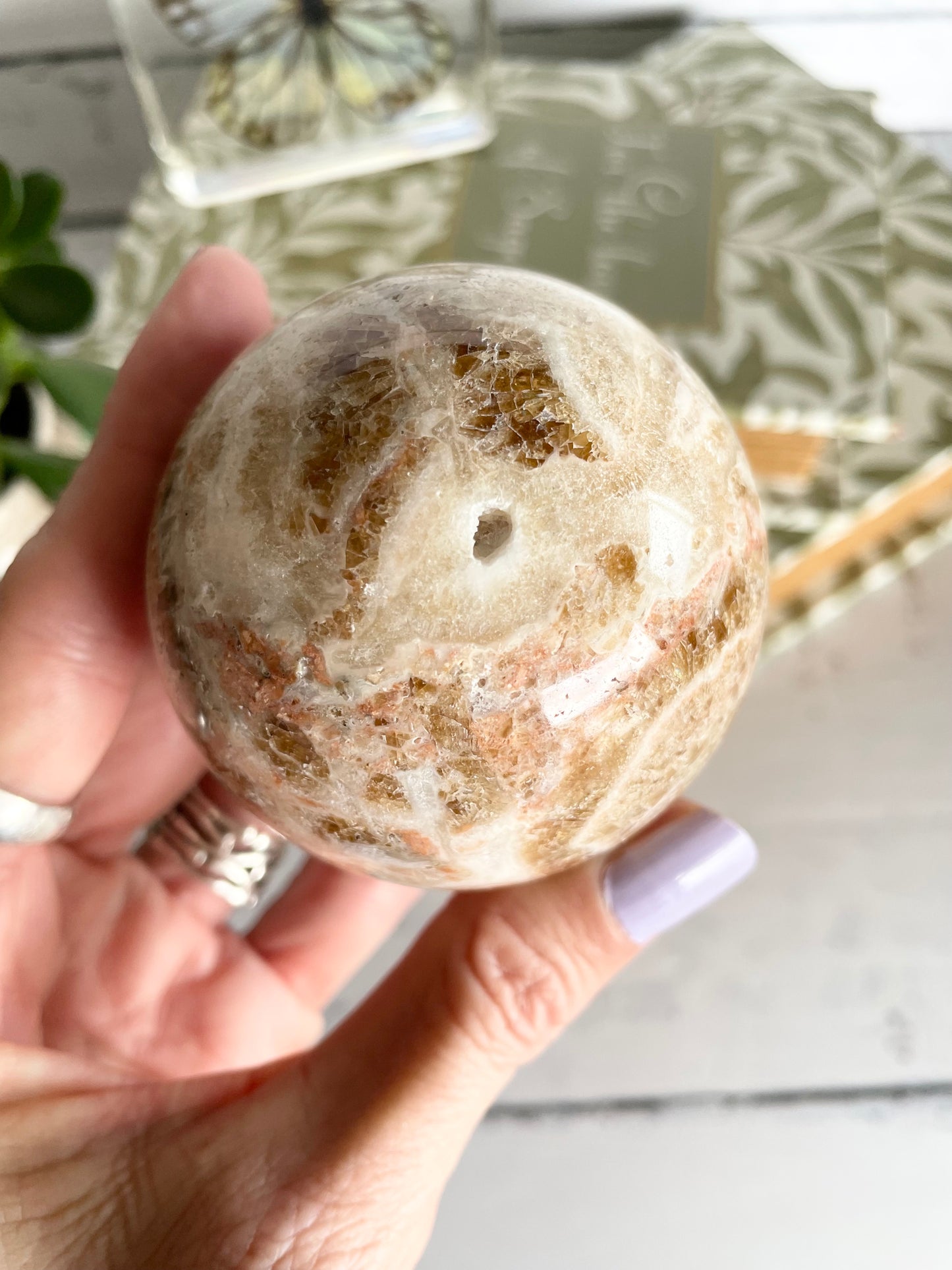 Amber Calcite Sphere Includes Wooden Holder