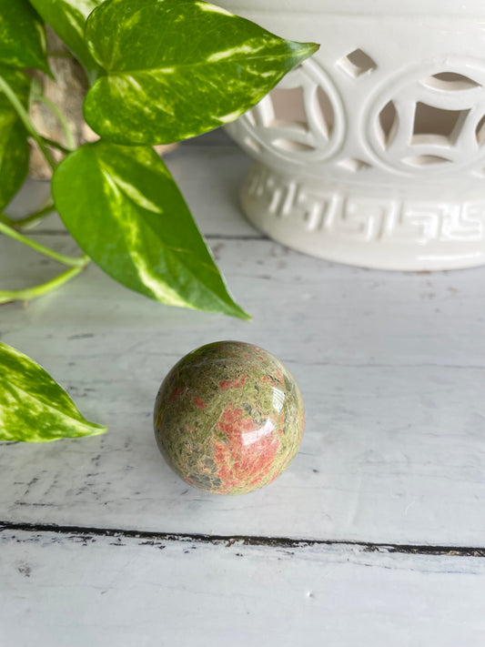 Unakite Sphere Includes Wooden Holder