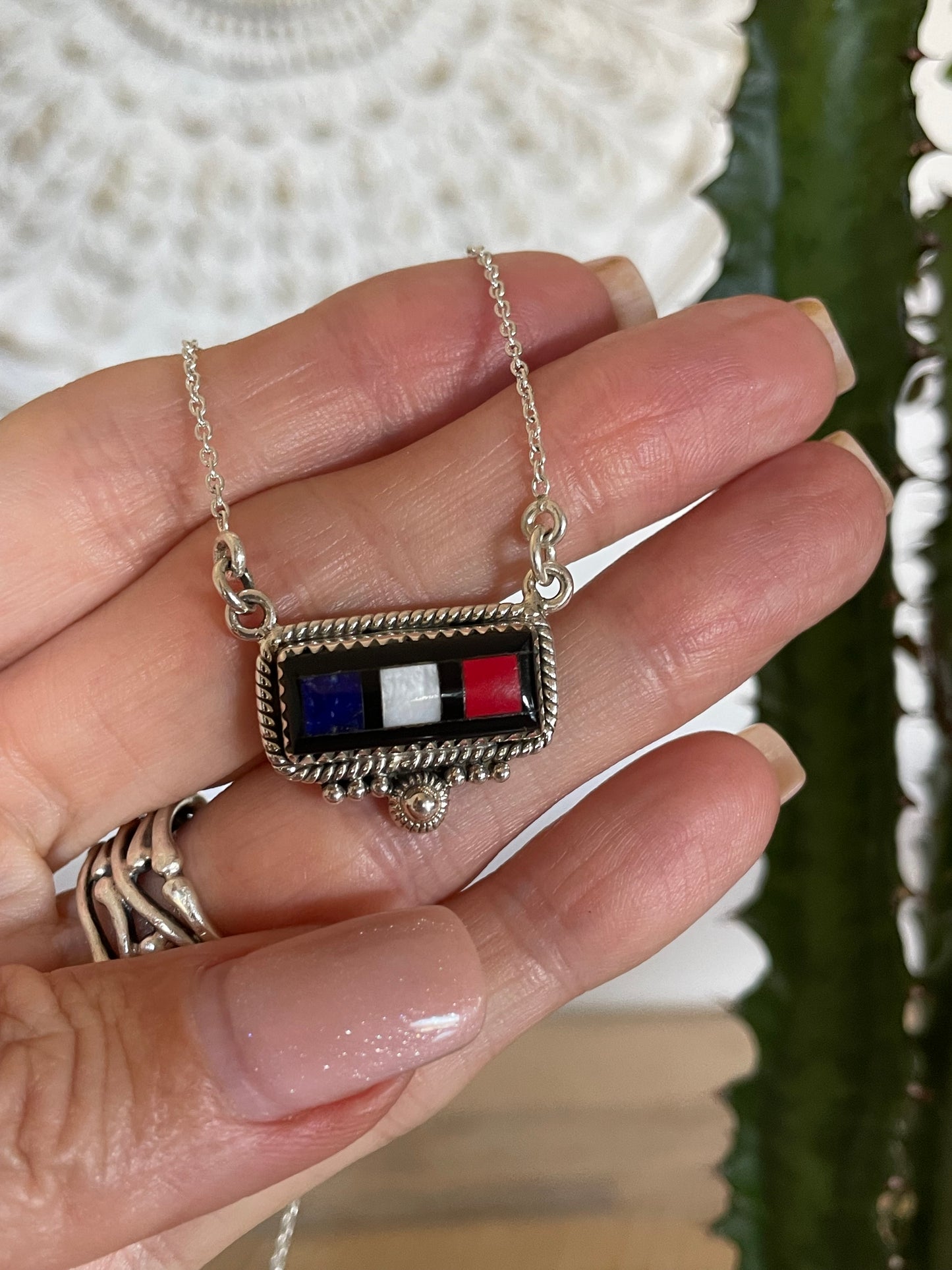 Multi Stone Inlay Necklace ~ lapis/opal/coral