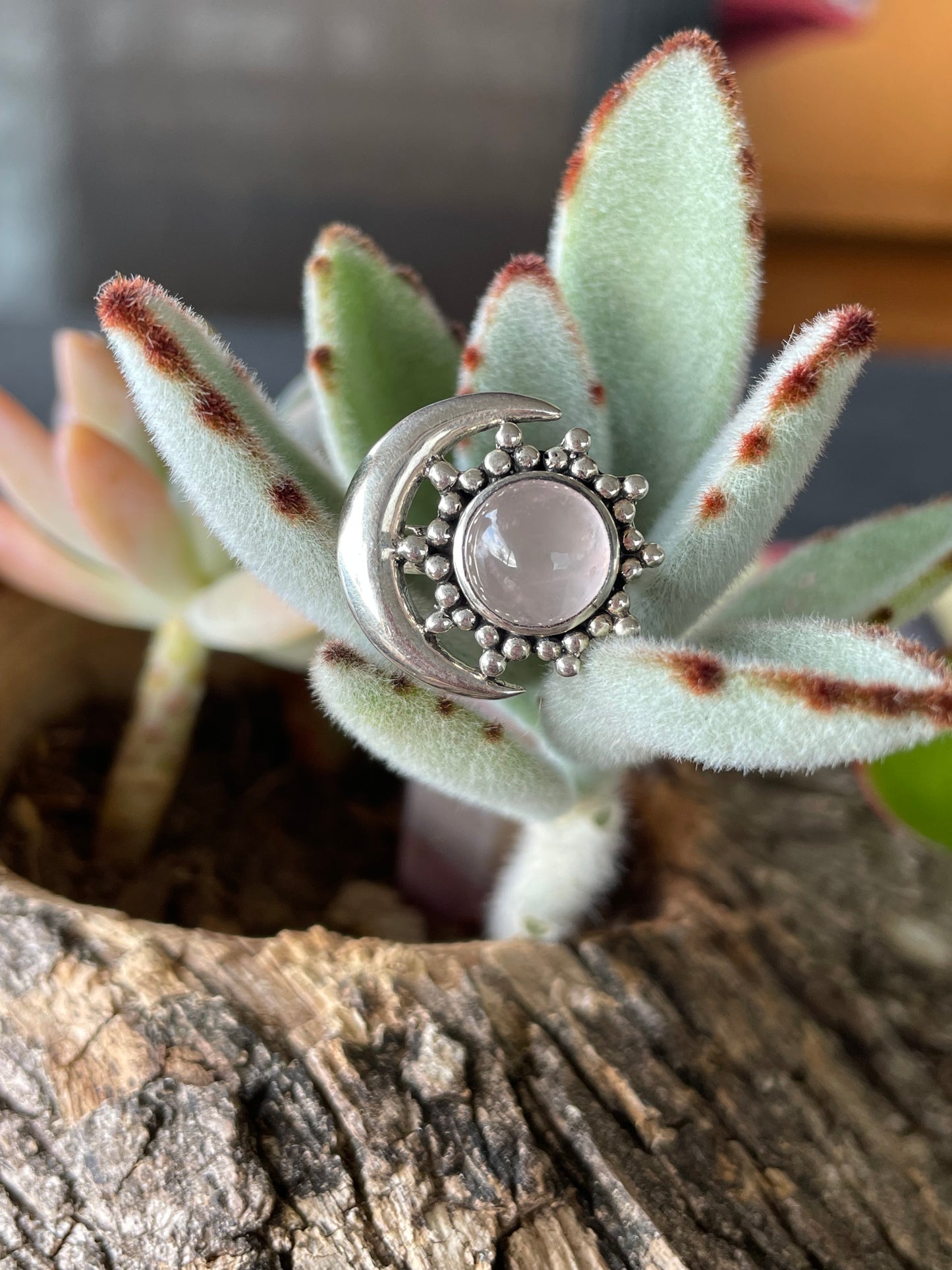 Rose Quartz Lunar Silver Ring