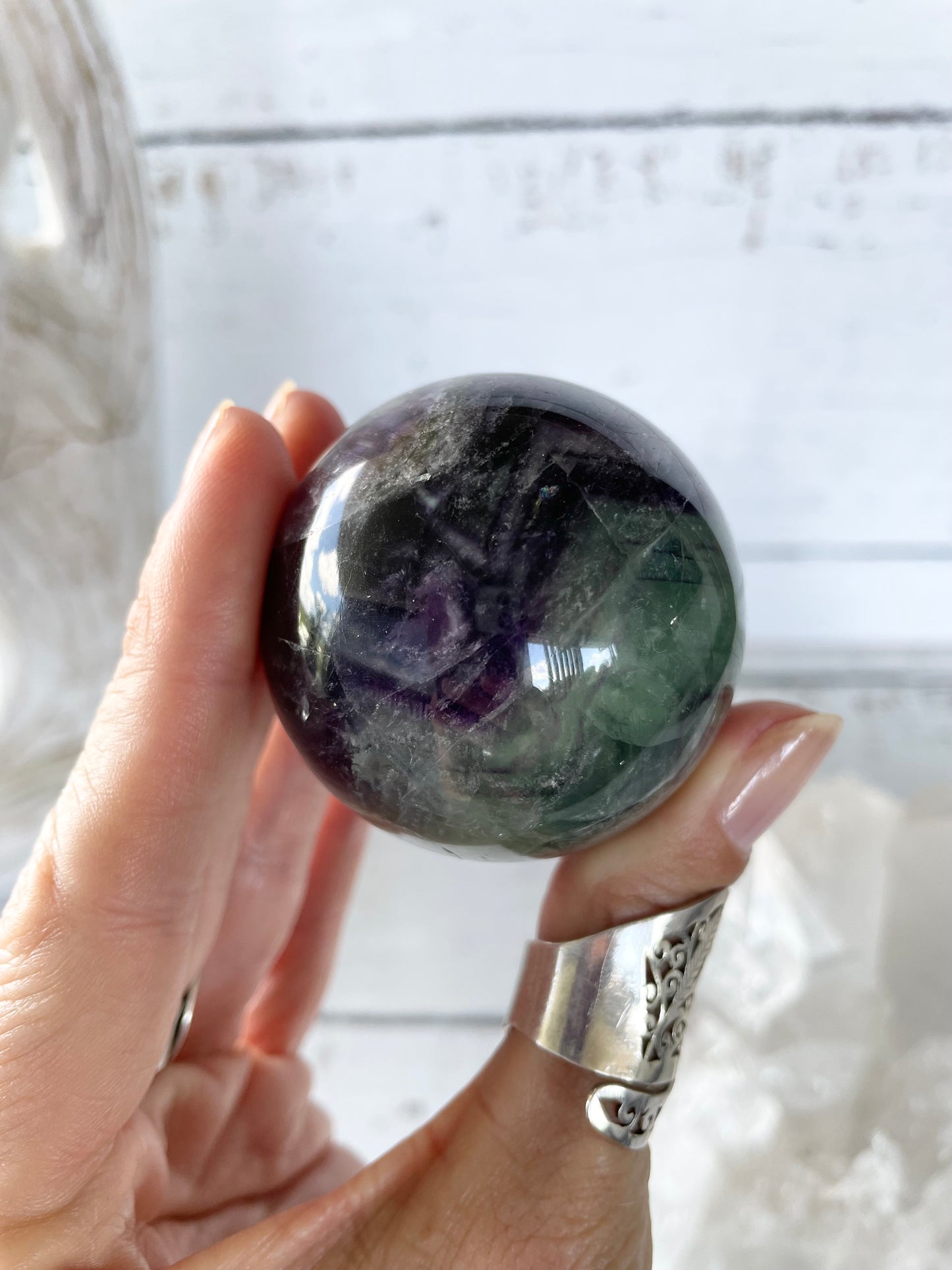 Rainbow Fluorite Sphere Includes Wooden Holder