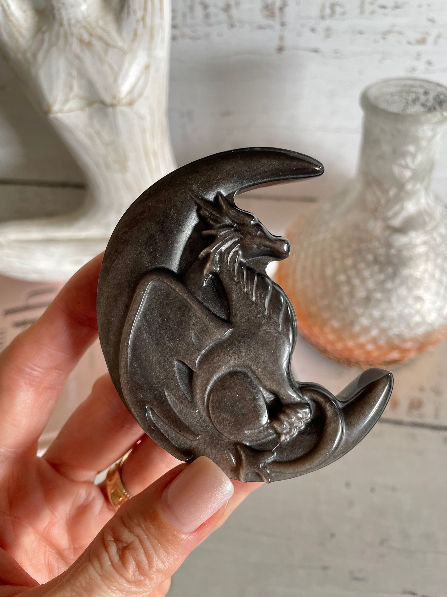 Silver Sheen Obsidian Dragon Moon Carving