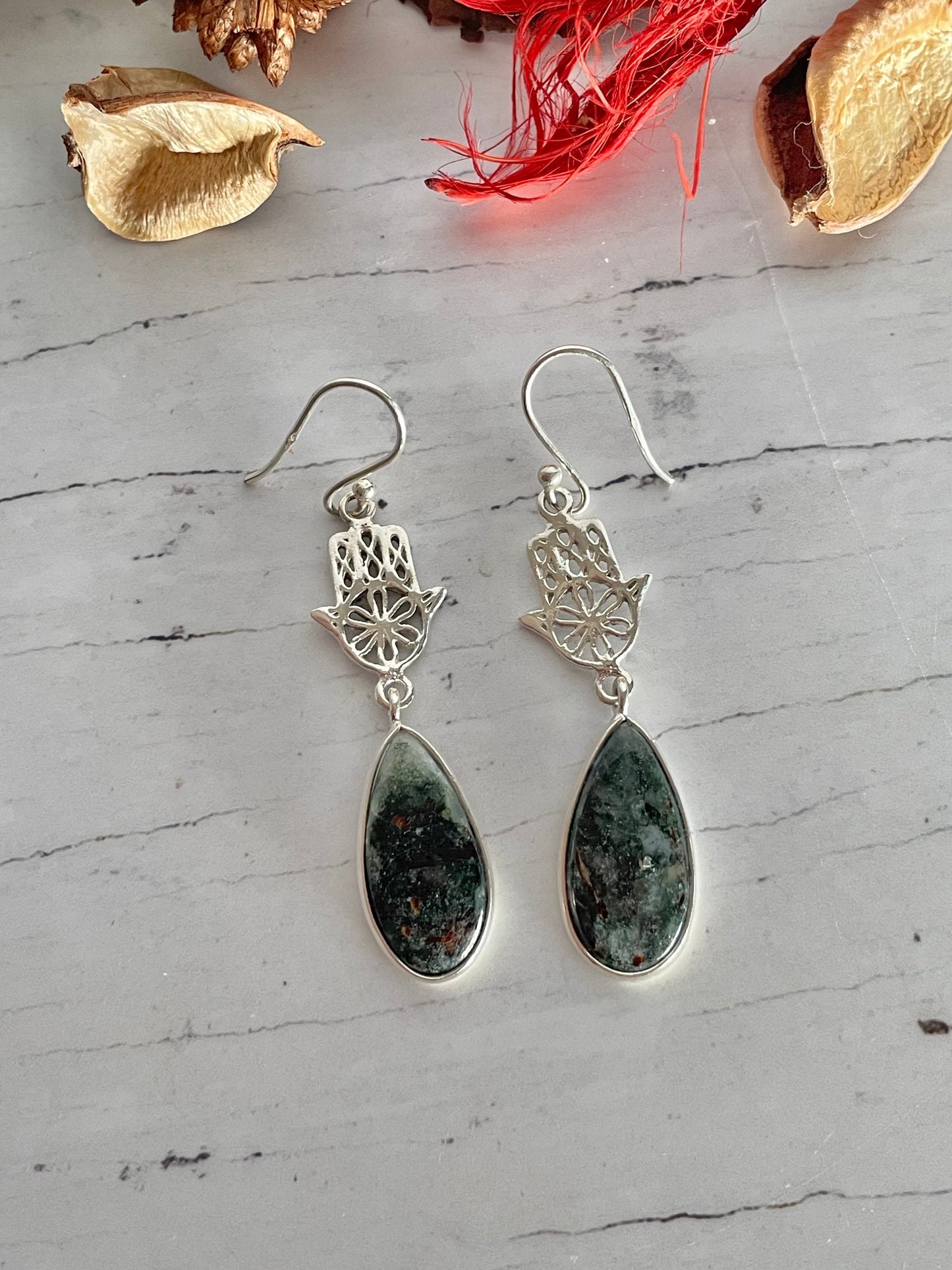 Moss Agate Silver ~ Hamsa Hand