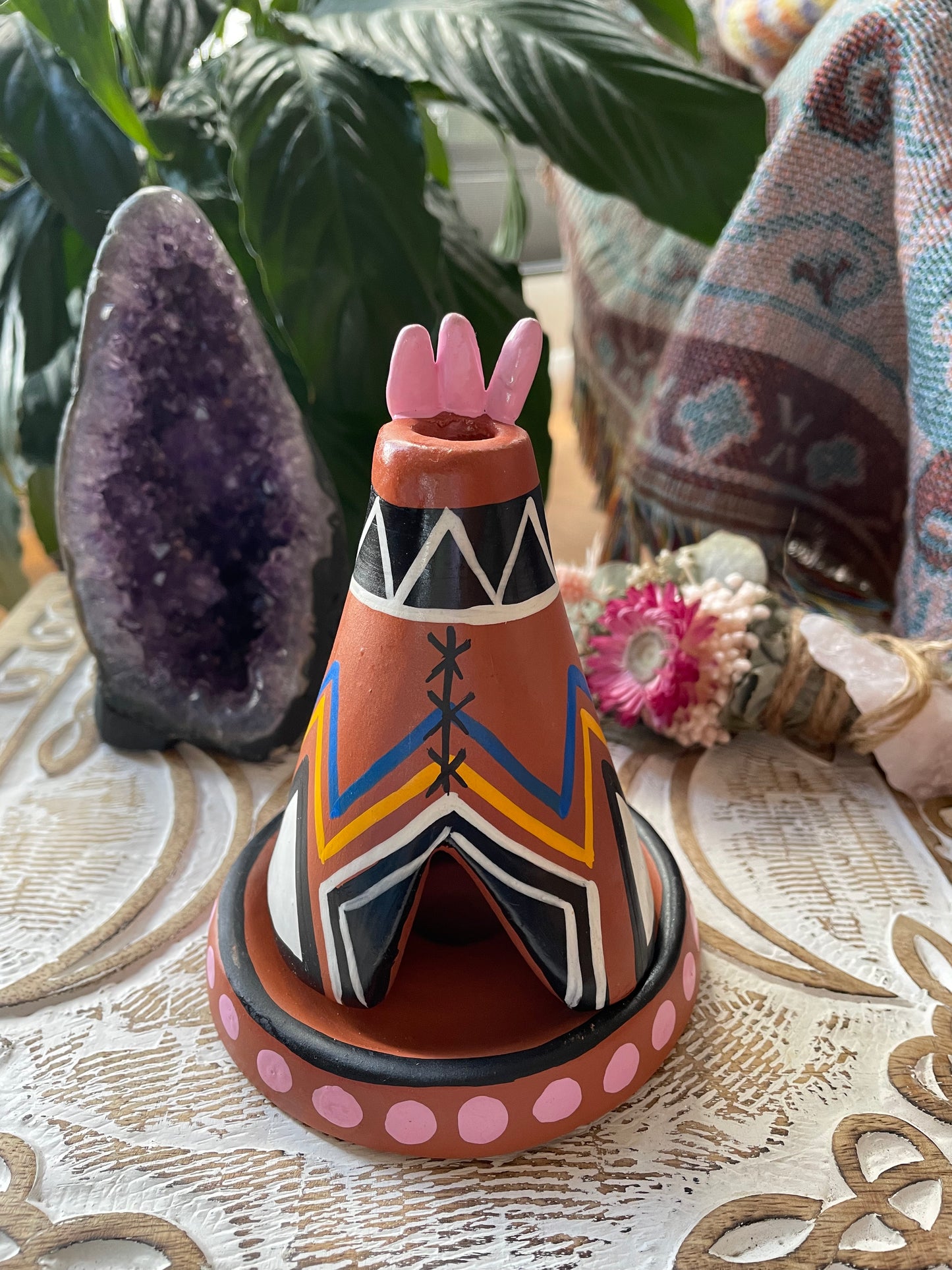 Handmade Clay Incense/Cone Holder - Teepee pink dots