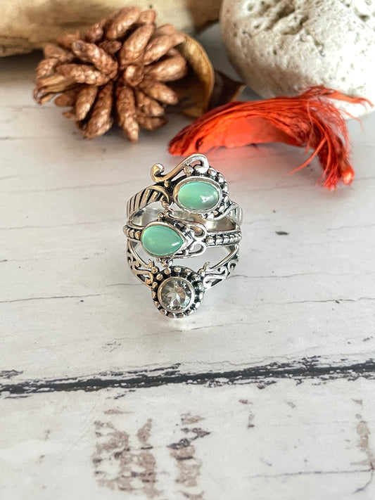 Green Chalcedony & Topaz Silver Ring