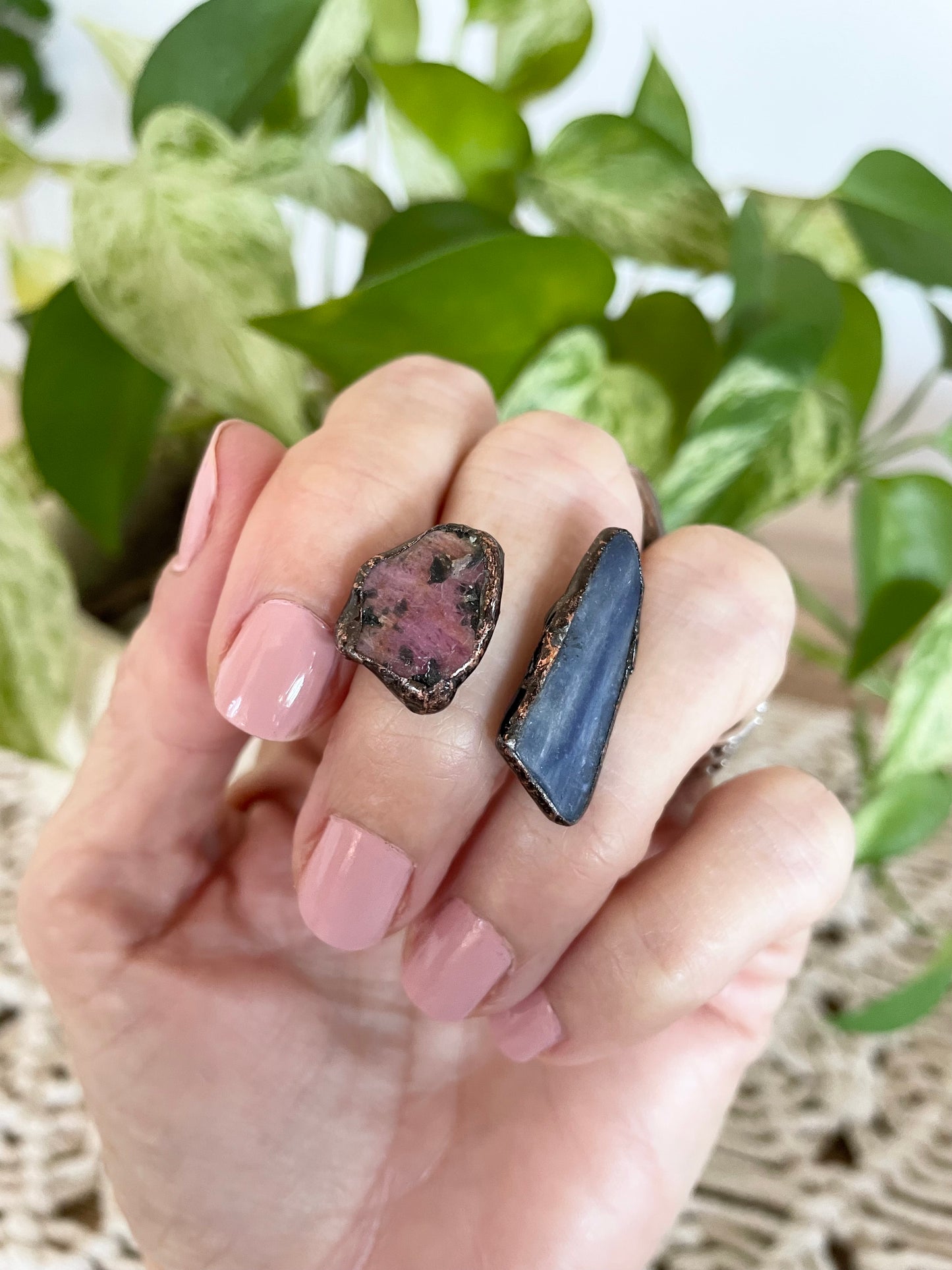 Copper electroplated Ring ~ Rhodonite & Kyanite Ring