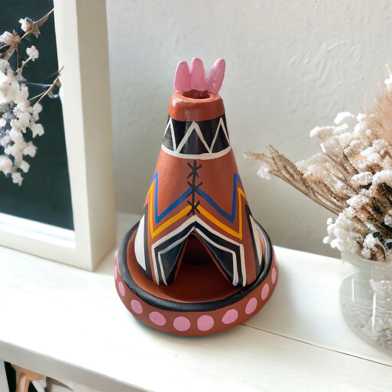 Handmade Clay Incense/Cone Holder - Teepee pink dots