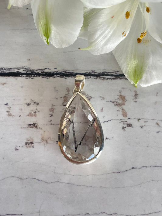 Black Tourmaline in Quartz Silver Pendant