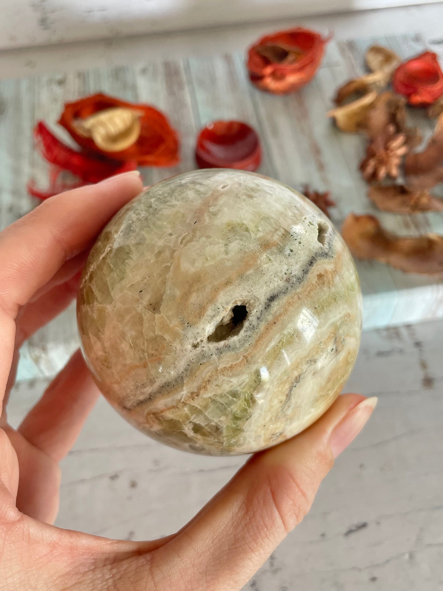 Green Calcite  Sphere Includes Wooden Holder