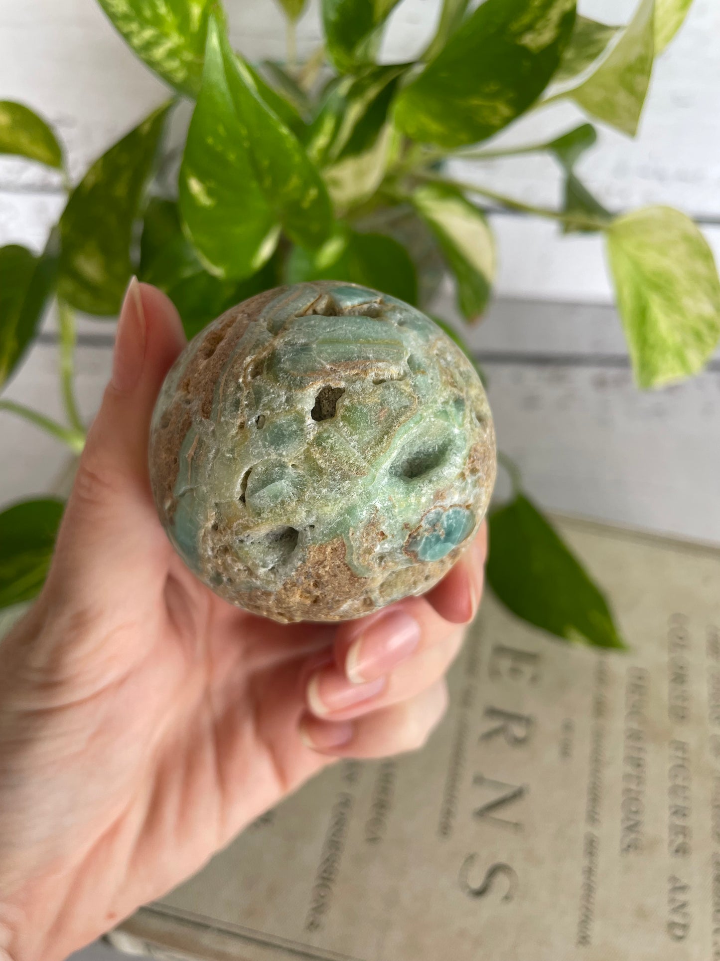 Hemimorphite Sphere Includes Wooden Holder