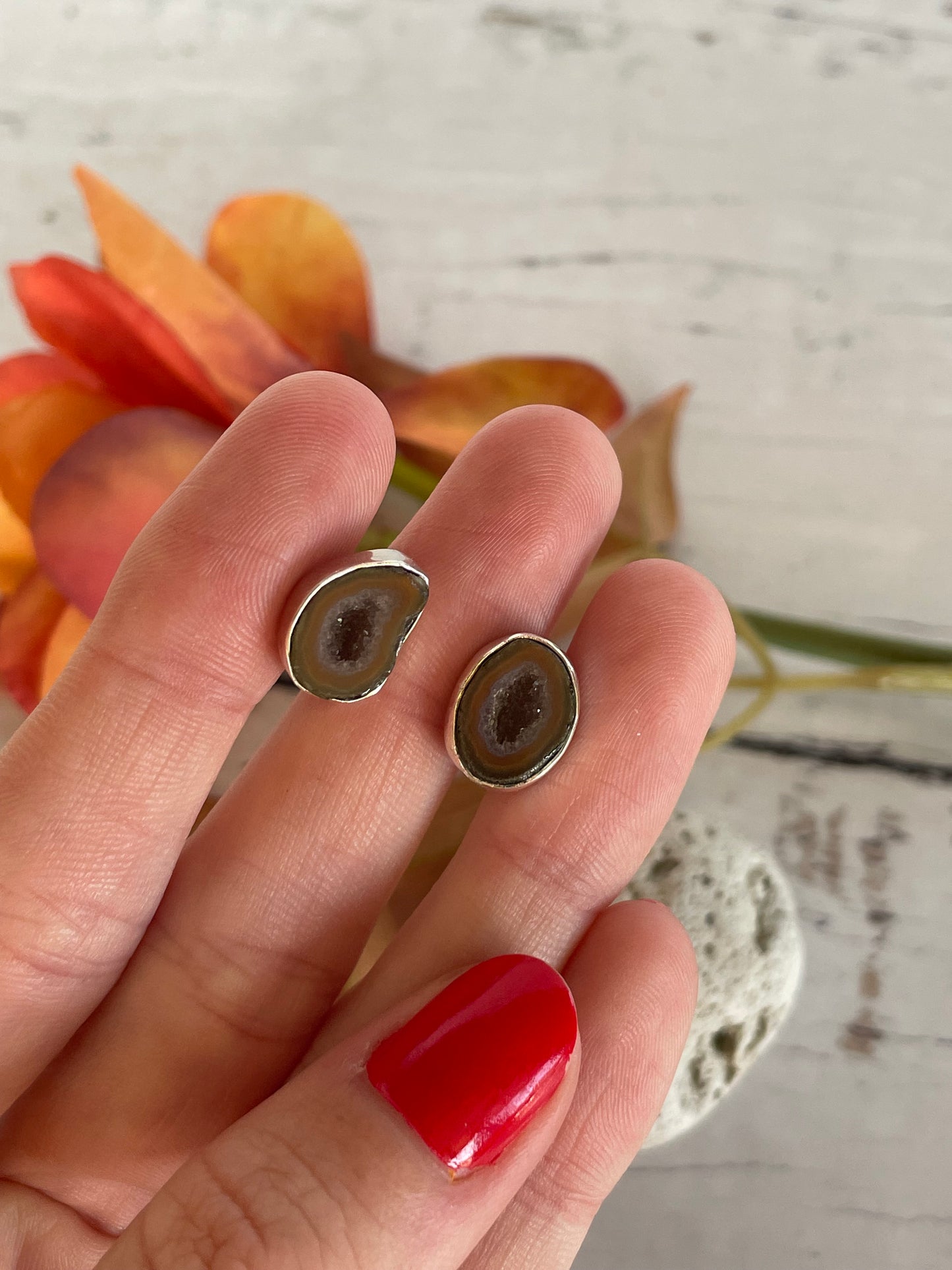 Geode Druzy Silver Studs ~ Peace