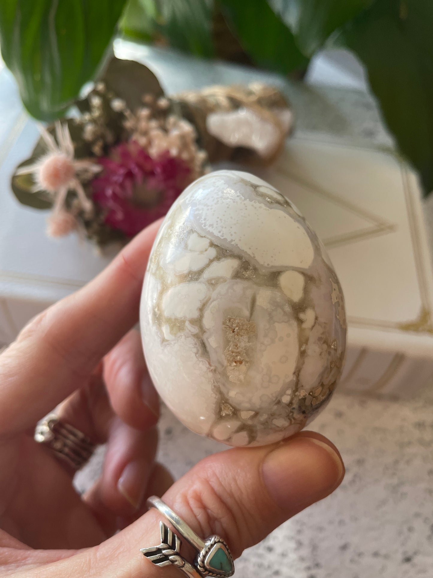 Spotted Agate Egg Includes Hematite Ring