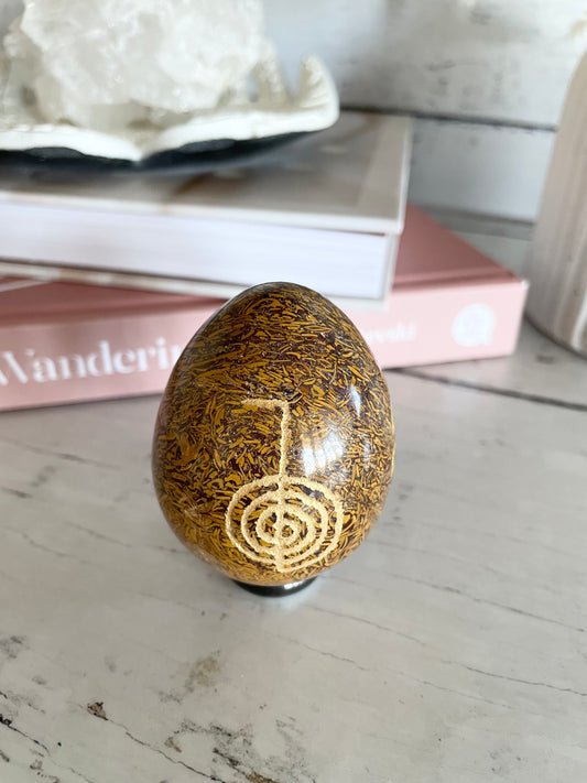 Calligraphy Jasper Reiki Egg with holder