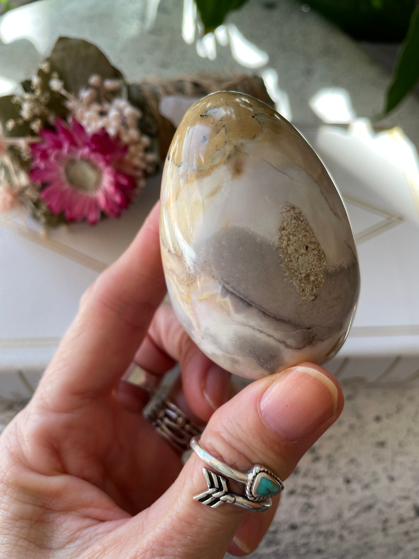 Spotted Agate Egg Includes Hematite Ring