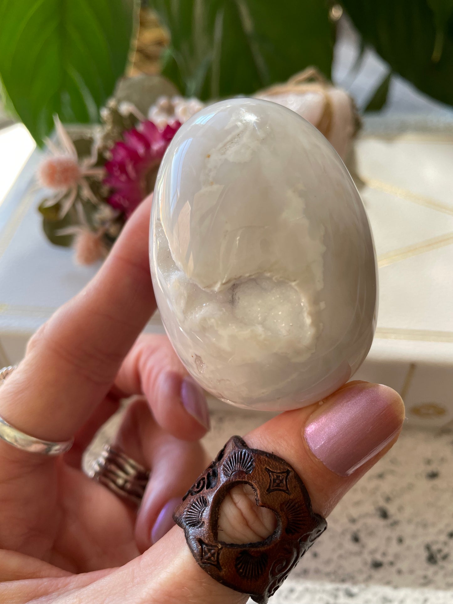 Snow Agate Egg Includes Hematite Ring