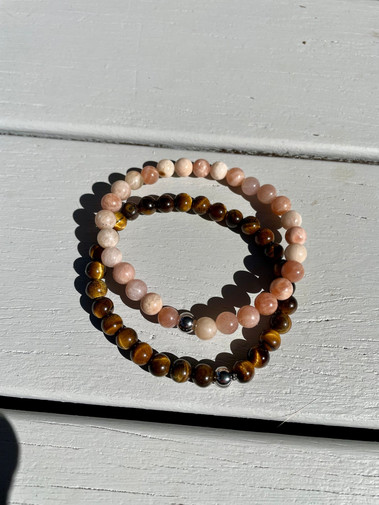 Double Stacker Bracelets -Peach Moonstone/Tigers Eye