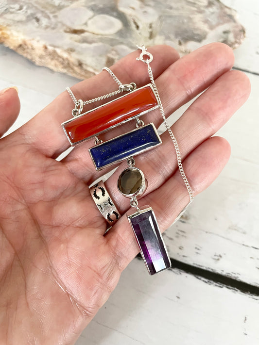 Carnelian. Lapis. Smoky Qtz. Amethyst Necklace