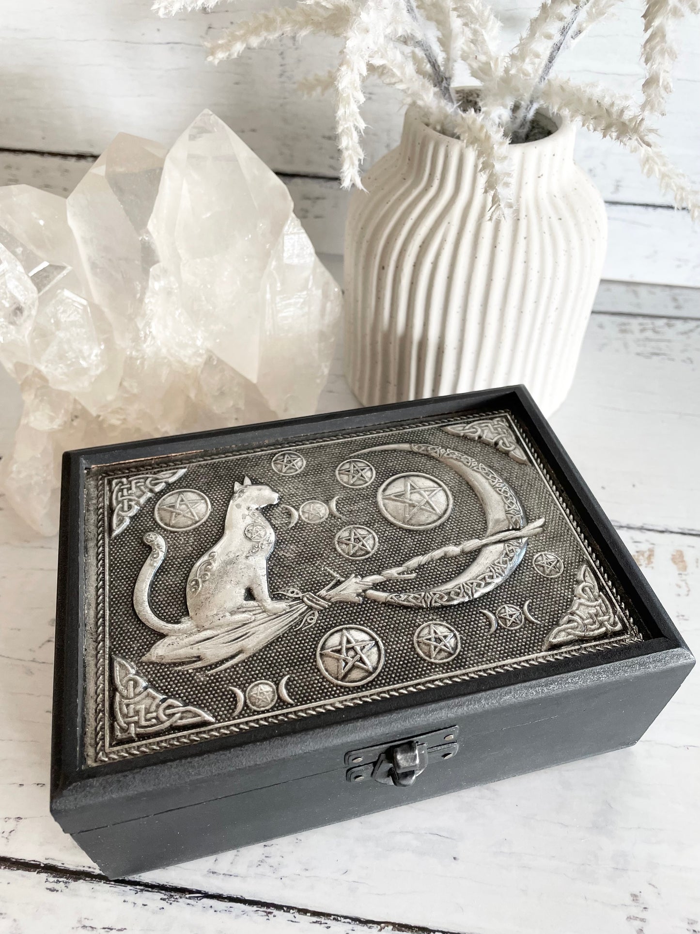 Witch Cat & Broom Wooden Trinket Box