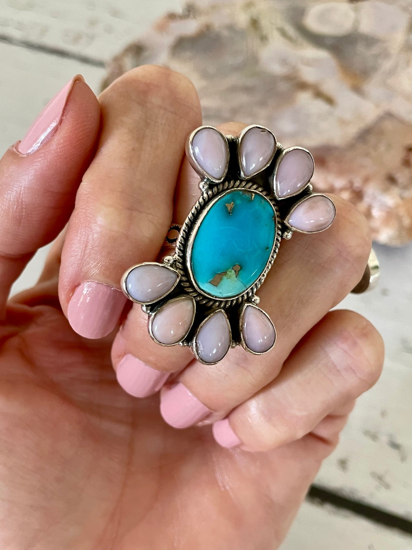 Kingman Turquoise/Pink Opal Ring ~ Adjustable 8-10.5